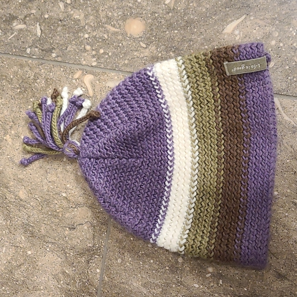 Life is Good acrylic beanie. Purple and green